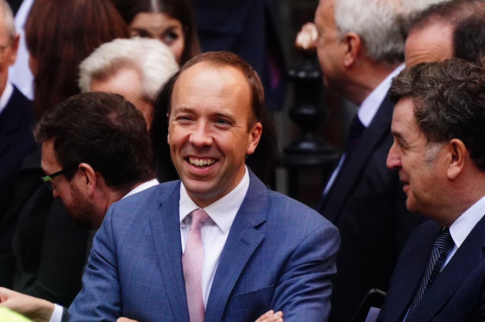 Matt Hancock, alongside other members of Conservative Party, waits outside the party headquarters in Westminster, London, for the arrival of Rishi Sunak, the new leader of the Conservative party. Picture date: Monday October 24, 2022. (Photo by Victoria Jones/PA Images via Getty Images)