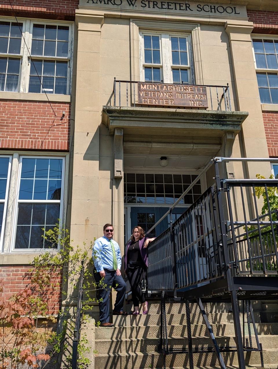 Rep. Jonathan Zlotnik and MVOC Executive Director Stephanie Marchetti at the former Streeter School building in Winchendon.