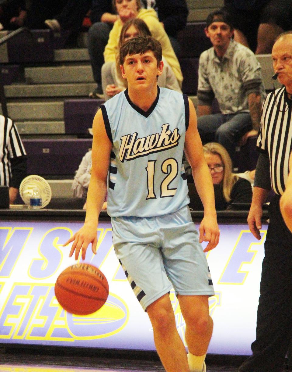 Prairie Central's Tyler Curl pulls up and looks over the set up during Saturday's IPC-Sangamo Shootout game with Pleasant Plains at Williamsville. Curl was named the game's MVP after scoring 13 points in a 41-27 victory.