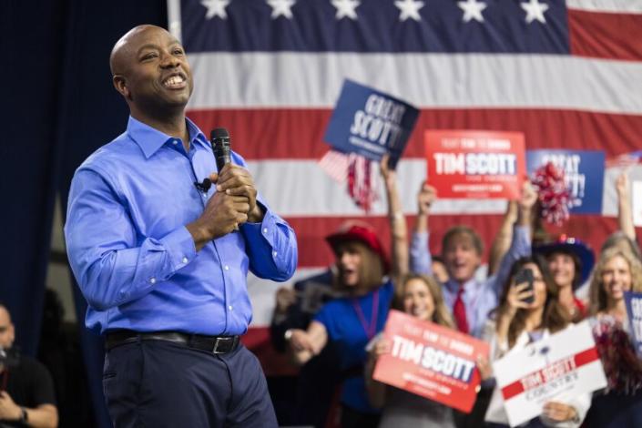 Republican presidential candidate Tim Scott delivers his speech announcing his candidacy for President of the United States on the campus of Charleston Southern University in North Charleston, South Carolina, Monday, May 22, 2023. (AP Photo/Mic Smith)