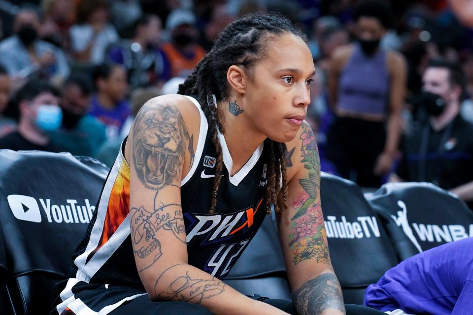 Phoenix Mercury center Brittney Griner during a WNBA Finals game in 2021.