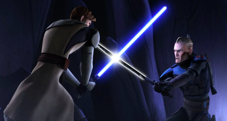 Pre Vizsla fights Obi-Wan Kenobi with the Darksaber in The Clone Wars.