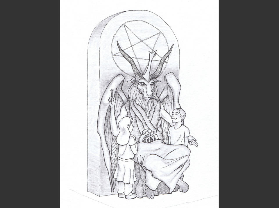 This artist's rendering provided by the Satanic Temple shows a proposed monument that the New York-based Satanic group wants to place at the Oklahoma state Capitol. The statue features a bearded, goat-headed demon sitting in a pentagram-adorned throne with children next to it. (AP Photo/Satanic Temple)