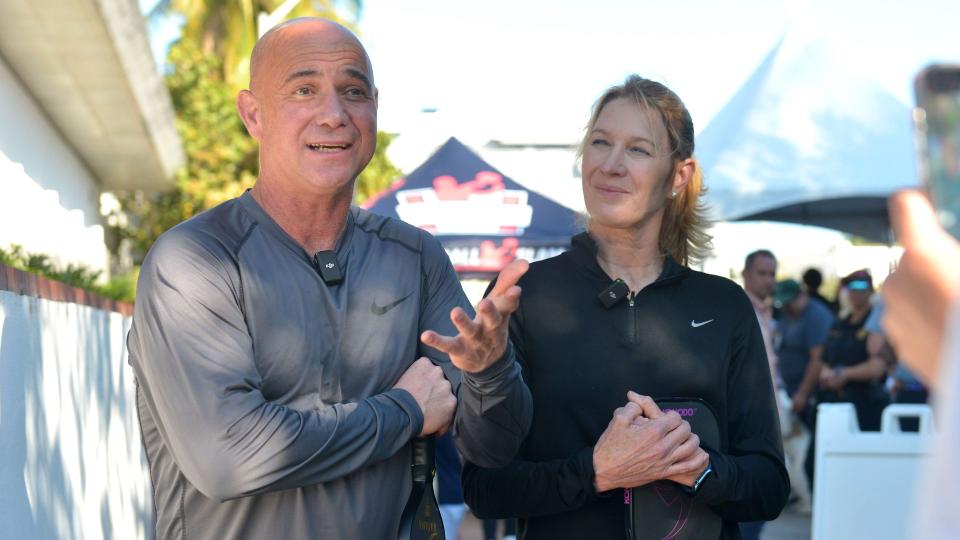 Andre Agassi and Steffi Graf at the 2024 Pickleball Amateur vs. The Legends Slam 2 Miami Beach at Lincoln Road 