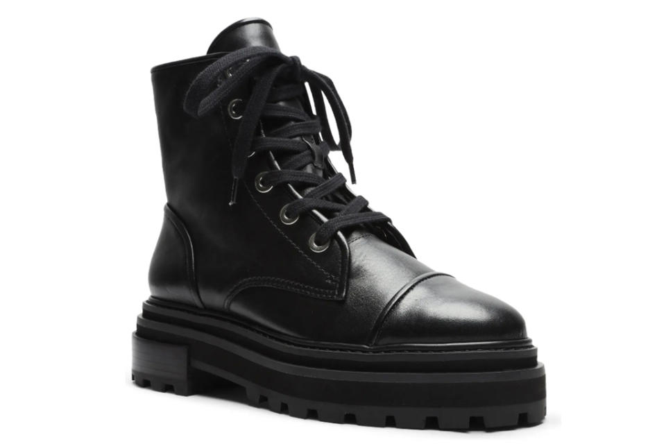 black boots, combat boots, lace-up, lug sole, schutz