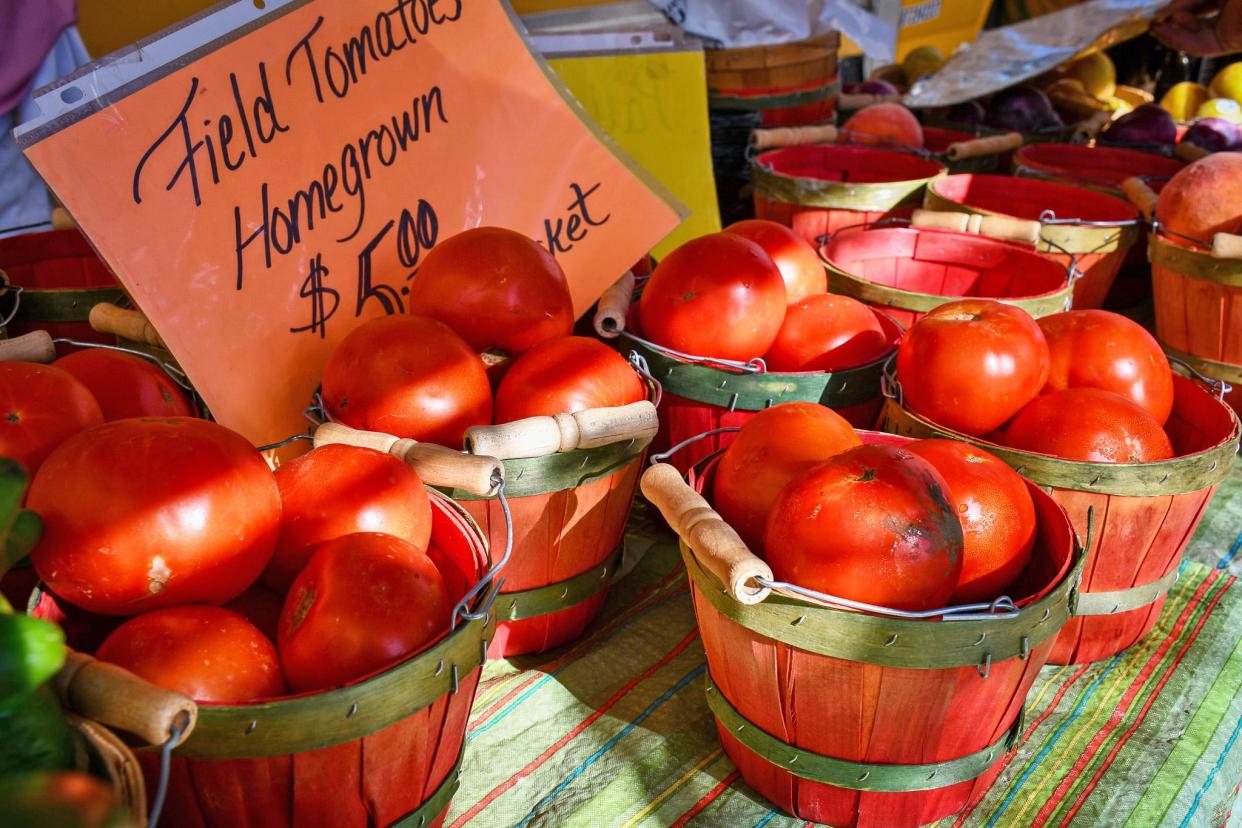 Juicy ripe tomatoes are among the homegrown offerings at the Pueblo Farmers Market.