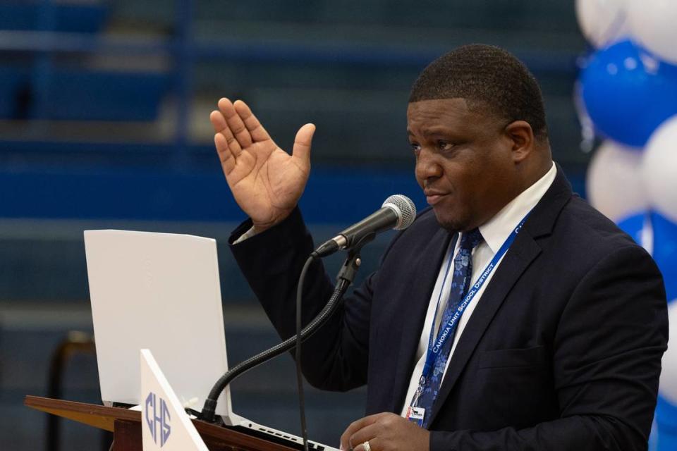 Cahokia District 187 Superintendent Curtis McCall Jr. speaks during a public meeting about plans for constructing a new Cahokia High School in the current high school’s gym in Cahokia Heights, Ill., on May 8, 2024. A meeting was also held on May 7.