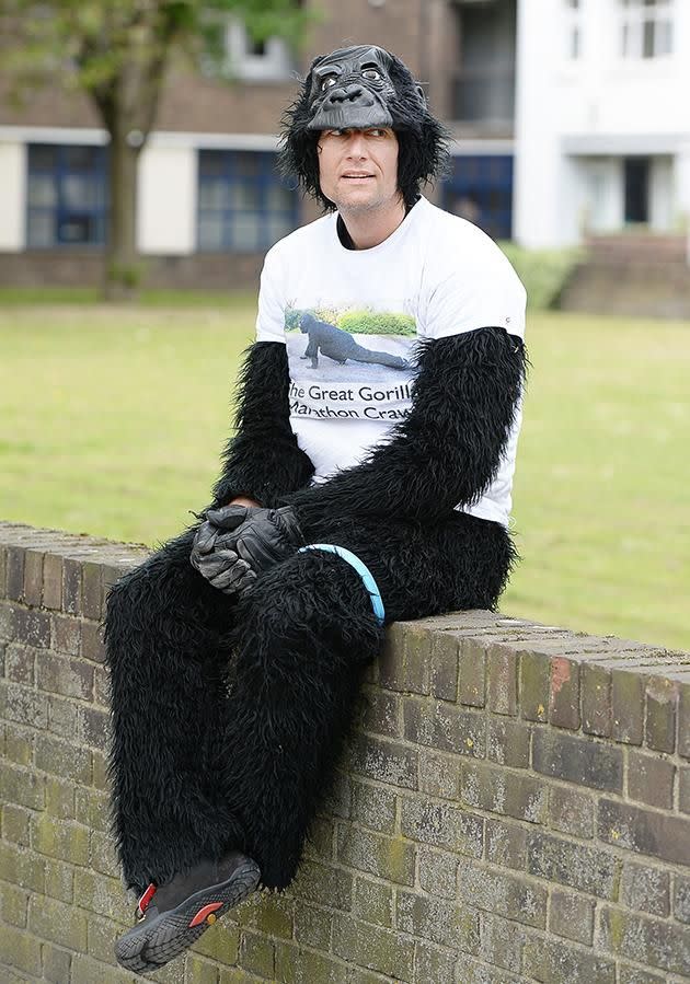 Policeman Tom Harrison is crawling the London Marathon dressed in a gorilla suit. Photo: AAP