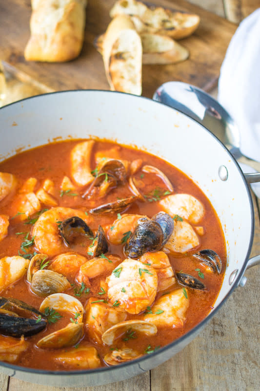 <p>Culinary Ginger</p><p>Brodetto di Pesce (seafood in broth) is an authentic, Italian seafood dish. A delicious selection of seafood cooked in a tomato broth flavored with wine and garlic.</p><p><strong>Get the recipe: <a href="https://culinaryginger.com/brodetto-di-pesce/" rel="nofollow noopener" target="_blank" data-ylk="slk:Brodetto di Pesce (Seafood Broth);elm:context_link;itc:0;sec:content-canvas" class="link rapid-noclick-resp">Brodetto di Pesce (Seafood Broth)</a></strong></p>