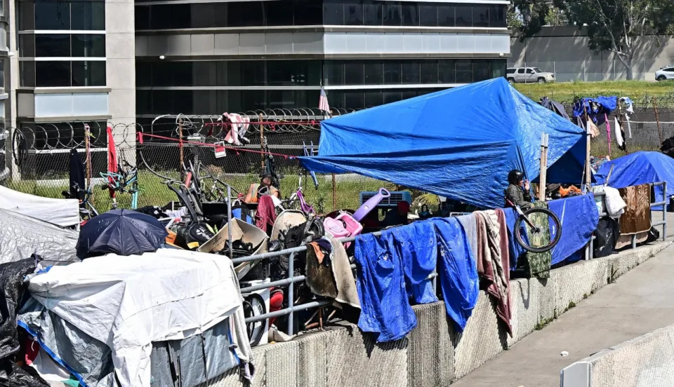 PHOTO: A homeless encampment is seen in Rosemead, Calif., on March 21, 2024. (Frederic J. Brown/AFP via Getty Images, FILE)