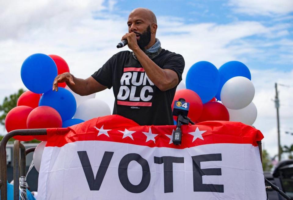 American rapper, actor and writer Common speaks before the Souls to the Polls caravan at The Purple Church as part of one of many events prior to the elections on Sunday, October 25, 2020, in Miami, Florida.