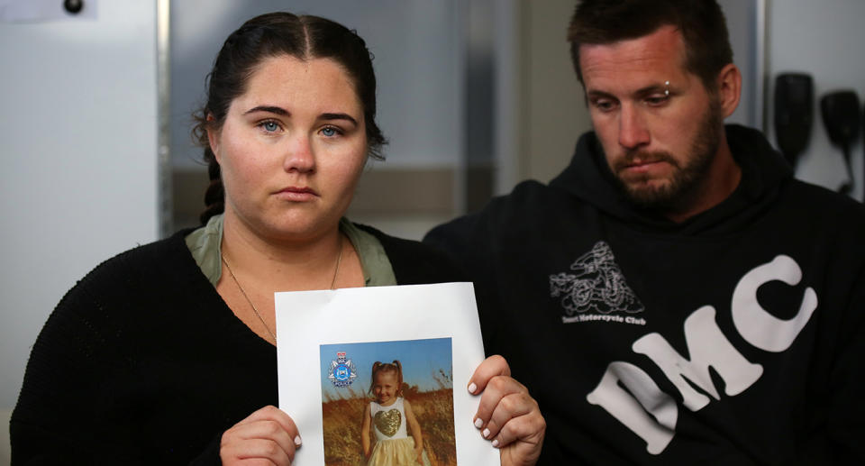 Cleo's mother Ellie Smith and stepfather Jake Gliddon made a des[erate appeal to the public to help find their daughter. Source: AAP