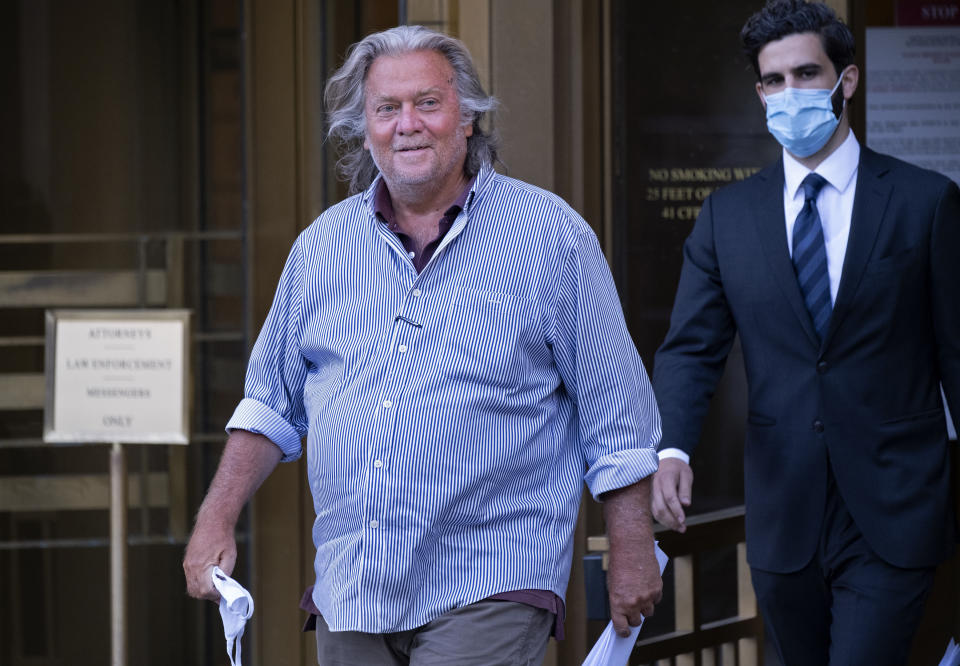President Donald Trump's former chief strategist Steve Bannon leaves federal court in New York Thursday, Aug. 20, 2020, after pleading not guilty to charges that he ripped off donors to an online fundraising scheme to build a southern border wall. (AP Photo/Craig Ruttle)