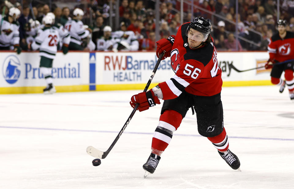 New Jersey Devils left wing Erik Haula scores a goal against the Minnesota Wild during the second period of an NHL hockey game, Sunday, Oct. 29, 2023, in Newark, N.J. (AP Photo/Noah K. Murray)