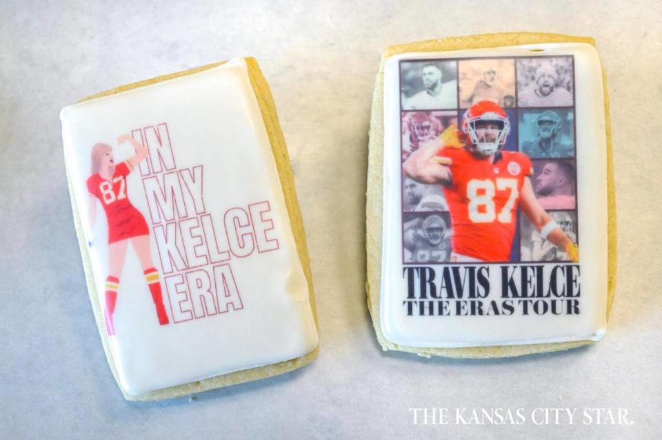 The Taylor Swift-Travis Kelce romance has inspired bakers across the country to honor the romance in sugar, as in these cookies from Best Regards Bakery & Cafe in Overland Park.