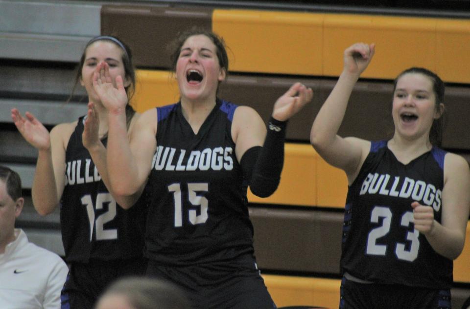 Inland Lakes' Chloe Robinson (12), Natalie Wandrie (15) and Jenna Stubbs (23) celebrate from the bench during the fourth quarter at Pellston on Friday.