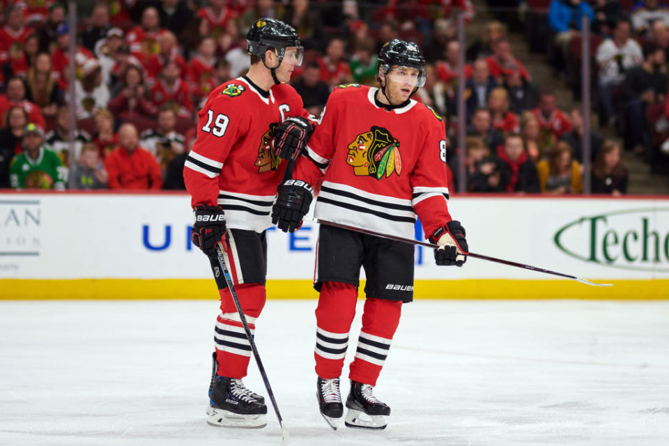 Longtime Blackhawks stars Jonathan Toews and Patrick Kane displayed some empathy for Kyle Beach, while defending the character of ousted GM Stan Bowman. (Getty)