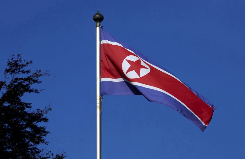 FILE PHOTO: A North Korean flag flies on a mast at the Permanent Mission of North Korea in Geneva