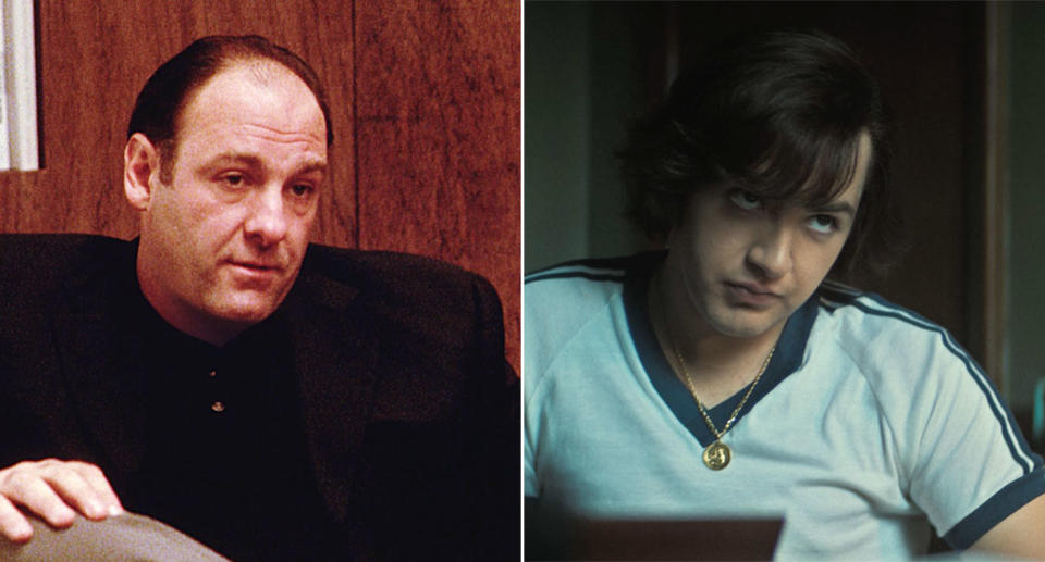 James Gandolfini (l) and Michael Gandolfini (r) in The Sopranos and The Many Saints of Newark (HBO/Warner Bros)