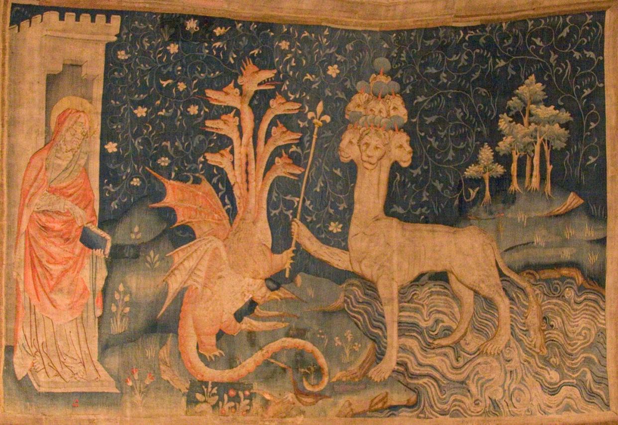 <span class="caption">A medieval tapestry, which shows John, the Dragon and the Beast of the Sea.</span> <span class="attribution"><a class="link " href="https://en.wikipedia.org/wiki/The_Beast_(Revelation)#/media/File:La_B%C3%AAte_de_la_Mer.jpg" rel="nofollow noopener" target="_blank" data-ylk="slk:Kimon Berlin, user:Gribeco, via Wikimedia Commons;elm:context_link;itc:0;sec:content-canvas">Kimon Berlin, user:Gribeco, via Wikimedia Commons</a>, <a class="link " href="http://creativecommons.org/licenses/by-sa/4.0/" rel="nofollow noopener" target="_blank" data-ylk="slk:CC BY-SA;elm:context_link;itc:0;sec:content-canvas">CC BY-SA</a></span>