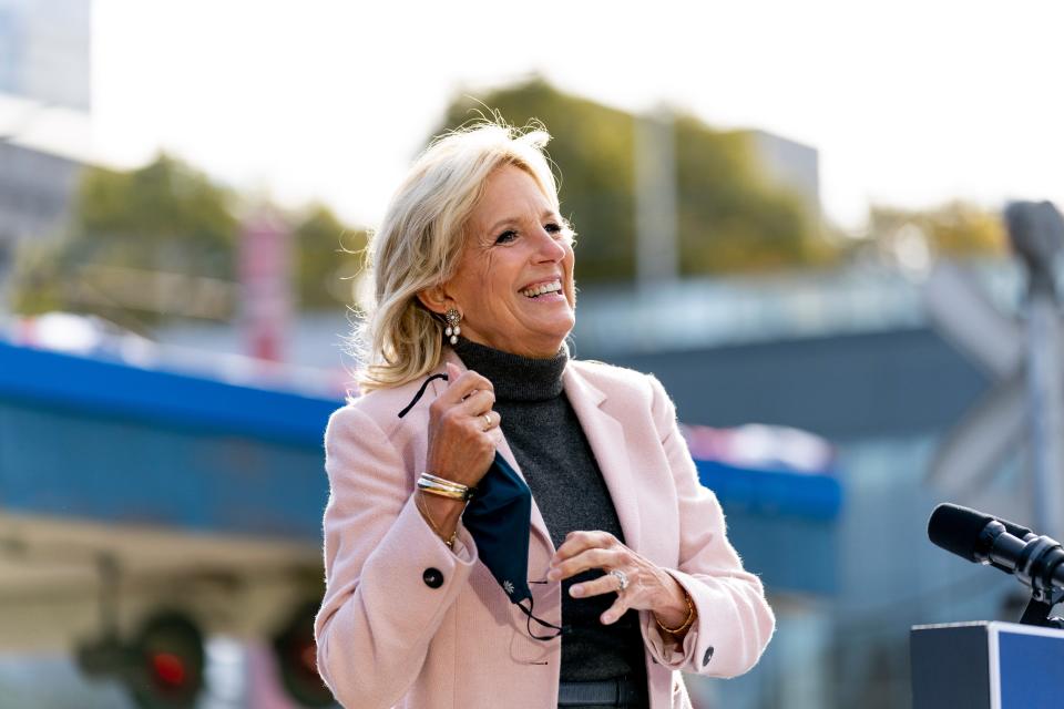 Jill Biden, wife of Democratic presidential candidate Joe Biden, speaks at Amtrak's Cleveland Lakefront train station on Sept. 30. Biden was on a train tour through Ohio and Pennsylvania.