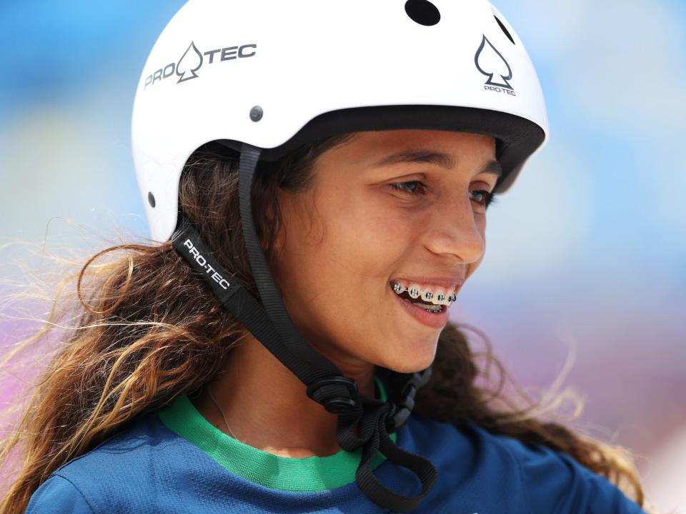 Rayssa Leal of Team Brazil smiles during the Women's Street Final on day three of the Tokyo 2020 Olympic Games at Ariake Urban Sports Park