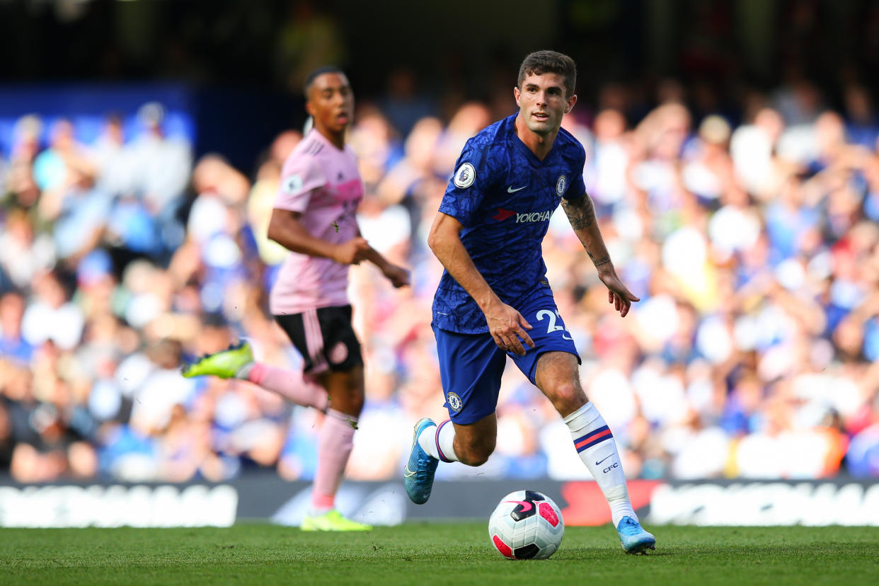 LONDON, ENGLAND - AUGUST 18: Christian Pulisic of Chelsea in action during the Premier League match between Chelsea FC and Leicester City at Stamford Bridge on August 18, 2019 in London, United Kingdom. (Photo by Craig Mercer/MB Media/Getty Images)