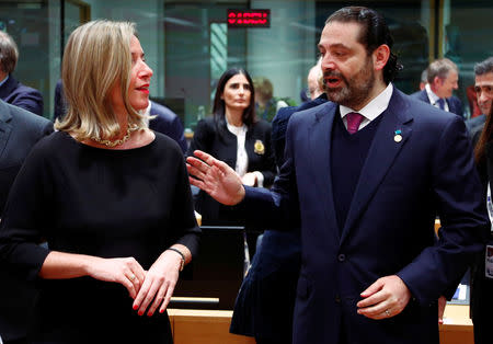 European Union foreign policy chief Federica Mogherini and Lebanese Prime Minister Saad Al-Hariri attend an international peace and donor conference for Syria, at the European Union Council in Brussels, Belgium March 14, 2019. REUTERS/Francois Lenoir