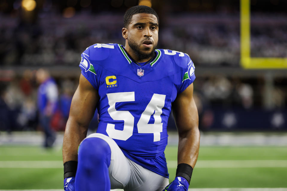 ARLINGTON, TEXAS - NOVEMBER 30: Bobby Wagner #54 of the Seattle Seahawks looks on during pregame warmups before an NFL football game against the Dallas Cowboys at AT&T Stadium on November 30, 2023 in Arlington, Texas. (Photo by Ryan Kang/Getty Images)