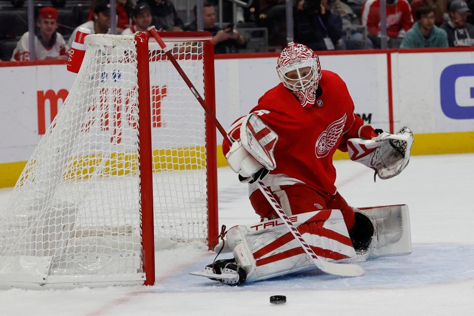 Detroit Red Wings goaltender Ville Husso (35) makes a save in the first period against the New York Rangers at Little Caesars Arena in Detroit on Thursday, Nov. 10, 2022.