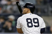 New York Yankees' Jasson Dominguez watches his two-run home run against the Milwaukee Brewers during the third inning of a baseball game Friday, Sept. 8, 2023, in New York. (AP Photo/Adam Hunger)