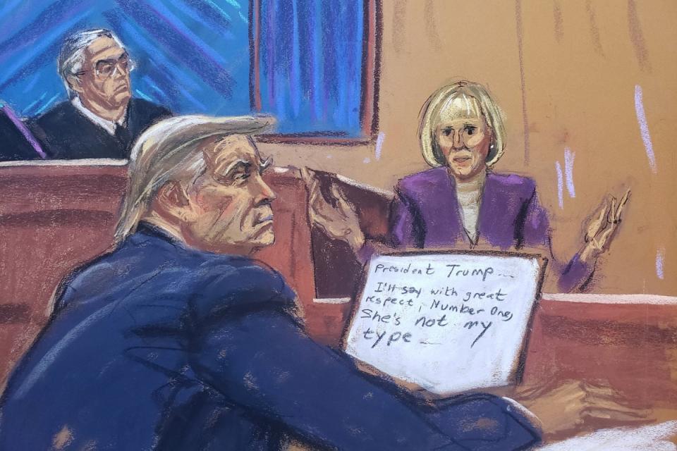 A courtroom sketch depicts E Jean Carroll testifying as Donald Trump watches from the defence table (Reuters)