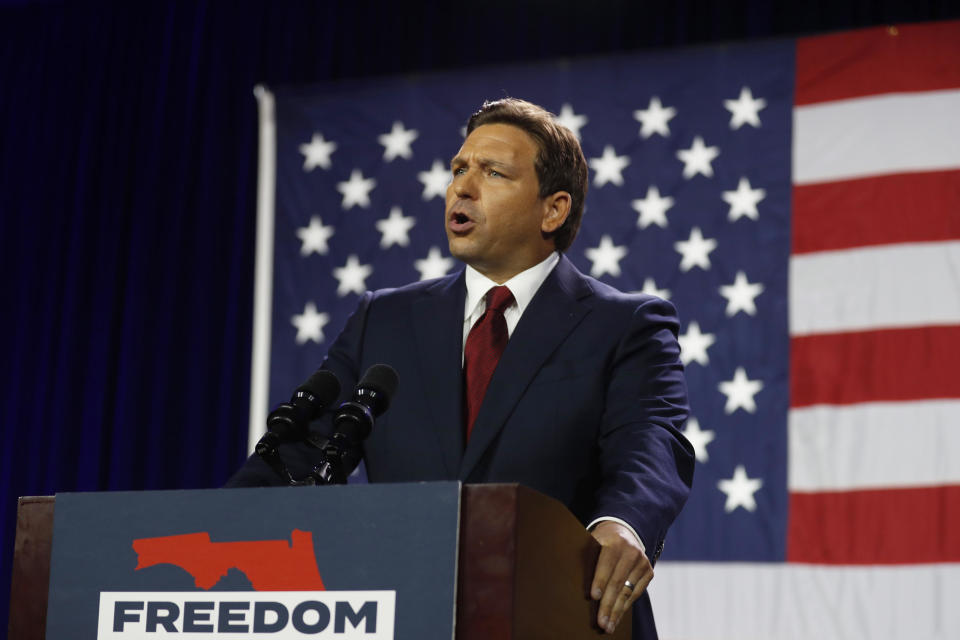 Florida Gov. Ron DeSantis gives a victory speech after defeating Democratic gubernatorial candidate Rep. Charlie Crist on Nov. 8, 2022 in Tampa, Florida. / Credit: Octavio Jones / Getty Images