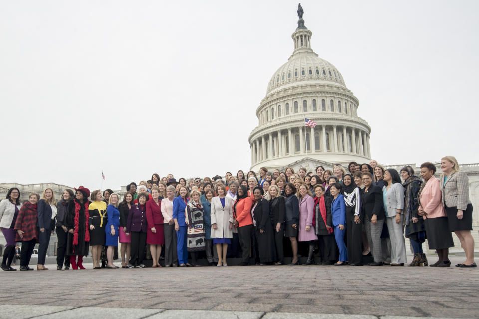 House Speaker Nancy Pelosi, D-Calif., center, with all the House Democratic female members of the 116th Congress