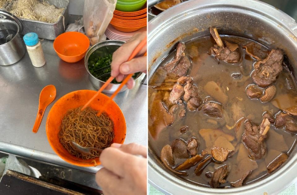 The egg noodles have a springy texture and shallot oil is used rather than lard (left). This is not your everyday topping for 'wantan' mee — their homemade ginger duck (right)