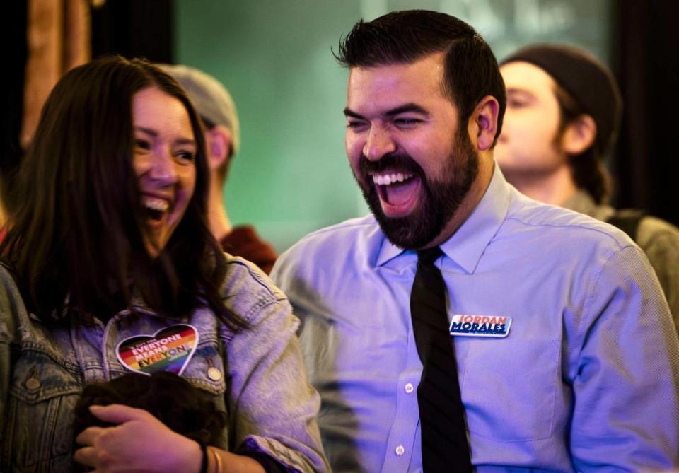 Boise City Council District 4 candidate Jordan Morales laughs with his wife Katie and daughter Amira, 9, at an Election Night party at Lounge at the End of the Universe in Boise.