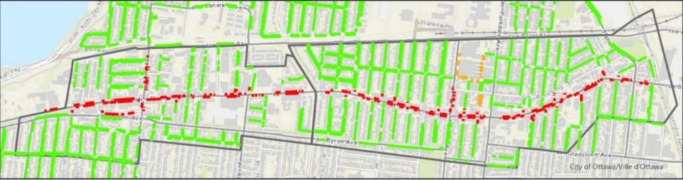 Red markers indicate where paid parking would come to Richmond Road and Wellington Street West if the plan passes at council next month. Orange markers show where there is already paid parking.