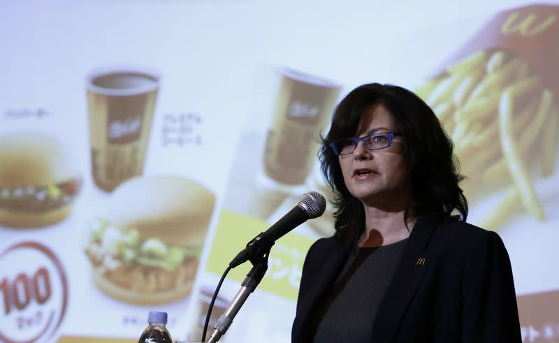 McDonald's Holdings Co (Japan) President and Chief Executive Officer (CEO) Sarah Casanova speaks during a news conference in Tokyo July 29, 2014. REUTERS/Yuya Shino