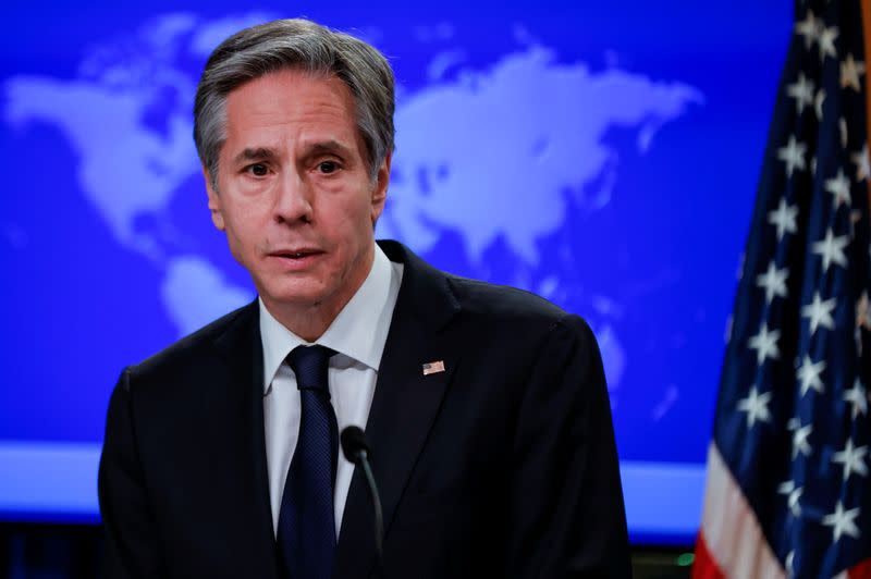 New U.S. Secretary of State Antony Blinken holds first press briefing at the State Department in Washington