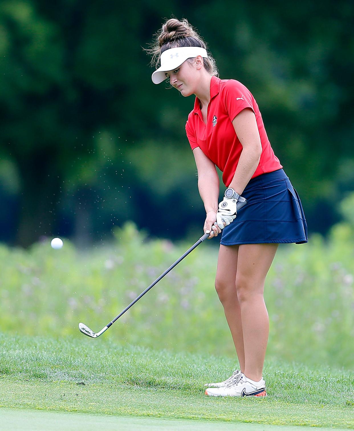 Garaway High School’s Sammi Miller chips on number two green during the 25th annual George Valentine Golf Invitational at Brookside Golf Course Monday Aug, 14, 2023. Photo by Tom E. Puskar