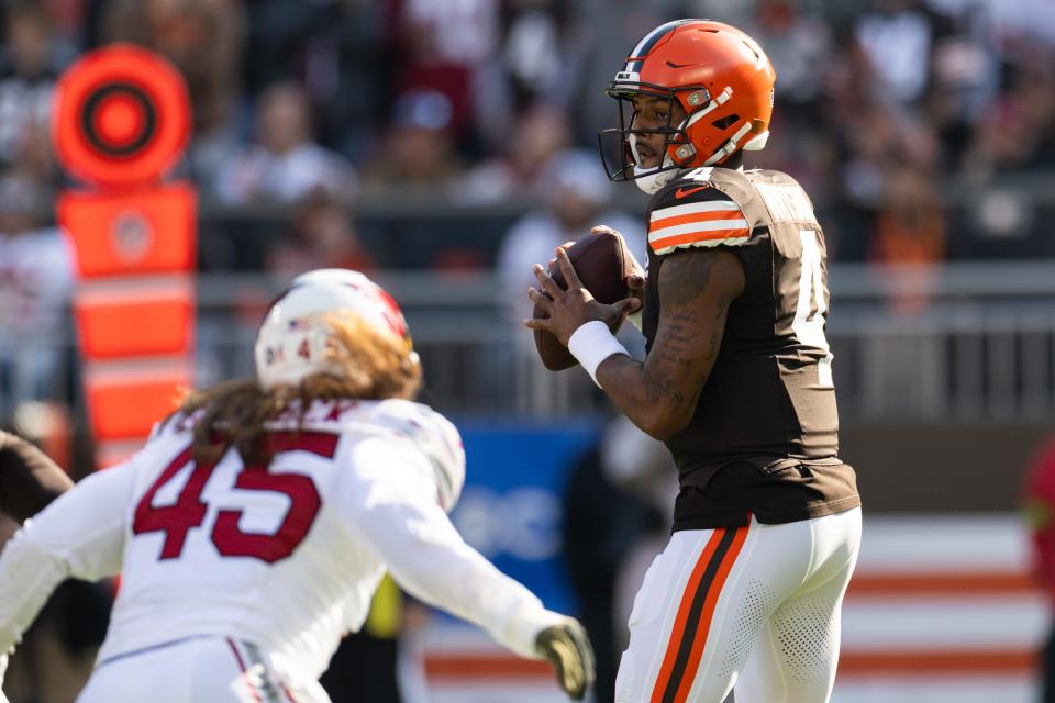 Browns quarterback Deshaun Watson looks for a receiver against the Arizona Cardinals on Nov. 5, 2023, in Cleveland.