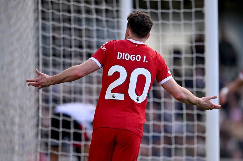 Diogo Jota celebrates after scoring the third goal during the Premier League match between Fulham FC and Liverpool FC at Craven Cottage on April 21, 2024 -Credit:Andrew Powell/Liverpool FC via Getty Images