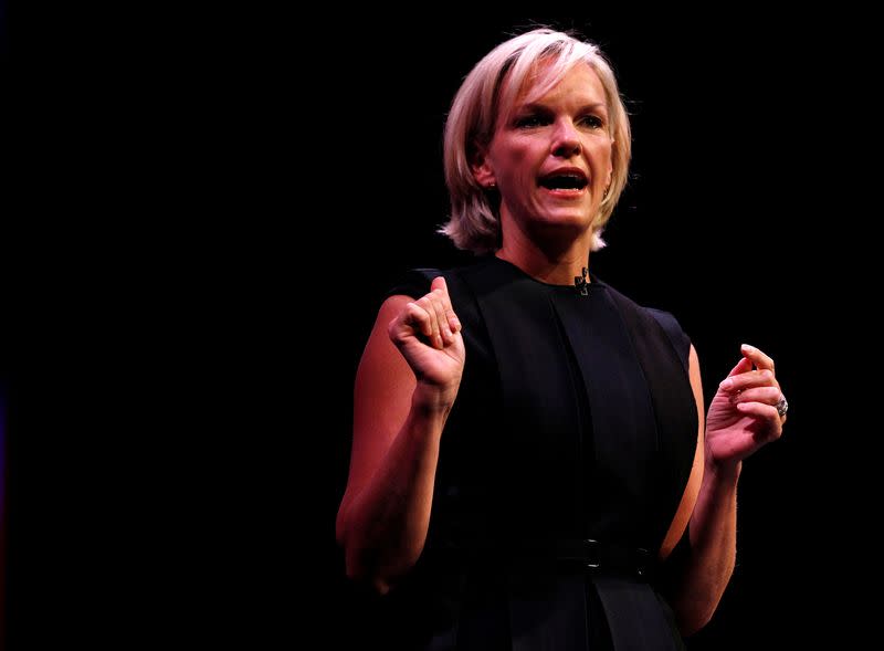FILE PHOTO: Elisabeth Murdoch gestures during a rehearsal of her MacTaggart Lecture during the Edinburgh International Television Festival in Edinburgh