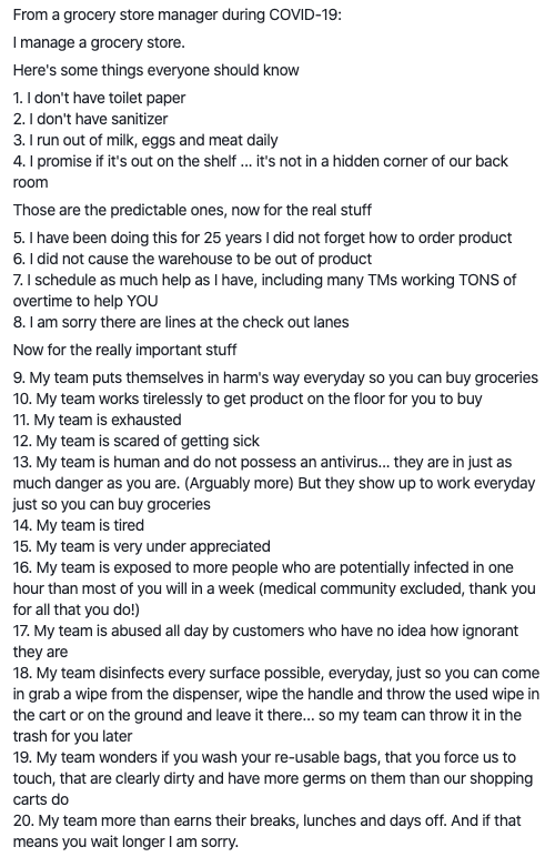 The post by the anonymous grocery store manager, believed to work at Coles, has been shared widely on social media. Source: Facebook