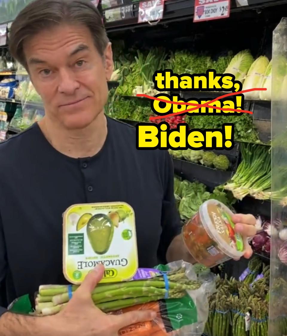 Oz looking at the camera disapprovingly with the words "thanks, Biden" and Obama's name crossed out before Biden's