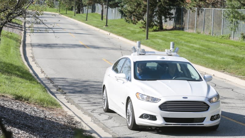 Fordâ€™s fully autonomous Fusion Hybrid research vehicle on the streets of Dearborn, Mich. Ford has been researching autonomous vehicles for more than a decade and currently tests fully autonomous vehicles in Michigan, Arizona and California. Ford recently announced its intent to have a high-volume, fully autonomous SAE level 4-capable vehicle in commercial operation in 2021 in a ride-hailing or ride-sharing service.