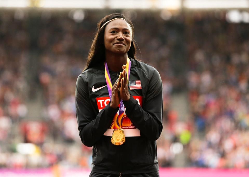 FILE - United States' Tori Bowie gestures after receiving the gold medal she won in the women's 100m final during the World Athletics Championships in London, Monday, Aug. 7, 2017 (Copyright 2017 The Associated Press. All rights reserved.)