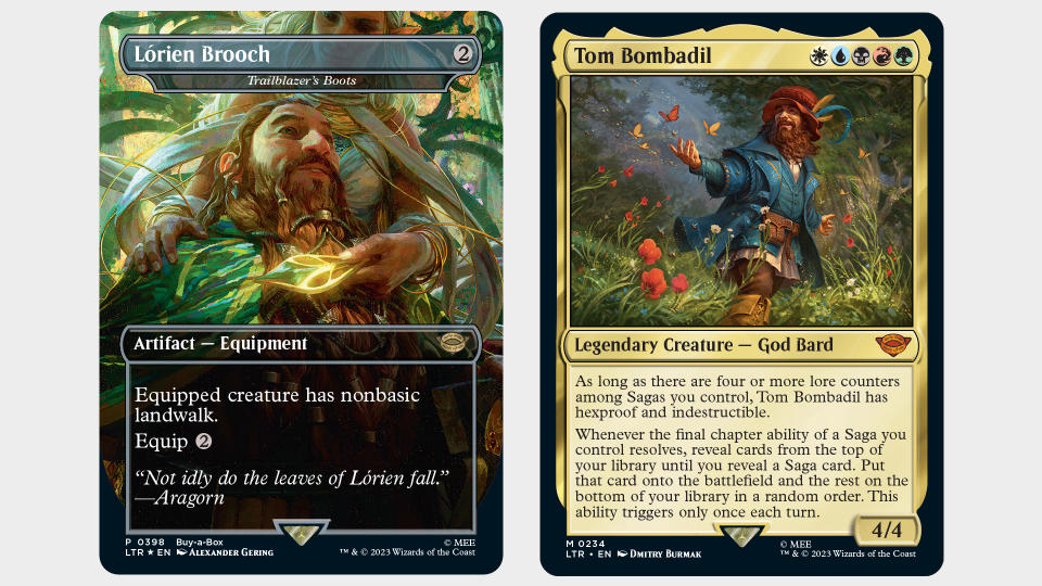 Lorien Brooch and Tom Bombadil cards from MTG Lord of the Rings