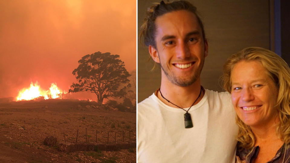Sandy Betts, pictured with her son, Rory Betts-McCrae, watched as her community became engulfed in flames. Source: Supplied - Sandy Betts.