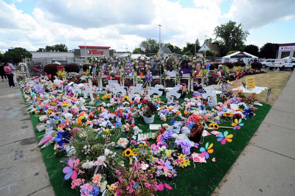PHOTO: A 'Memorial Garden' filled with flowers, photos and mementos sits outside the Tops Friendly Market on Jefferson Avenue on July 14, 2022 in Buffalo. (John Normile/Getty Images, FILE)